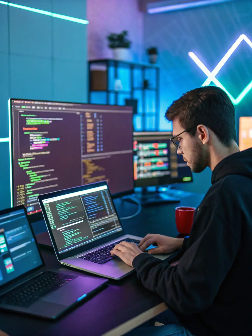 A developer coding on a laptop, surrounded by multiple monitors displaying lines of code, symbolizing the software development process.