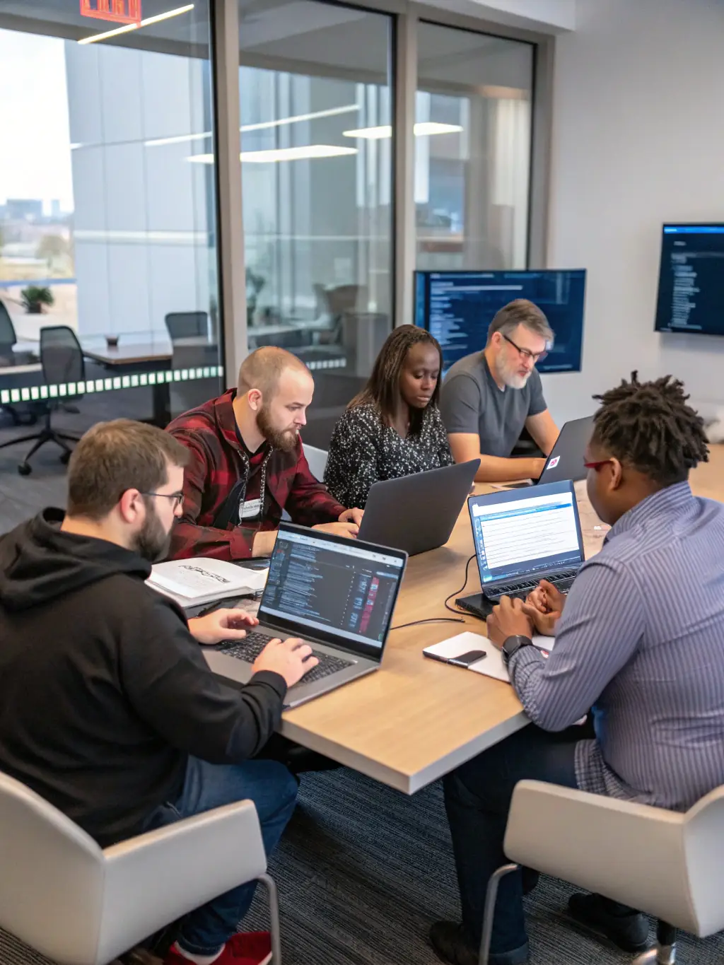 A professional photo of a team of IT consultants collaborating on an ERP system customization project, showcasing their expertise and teamwork.